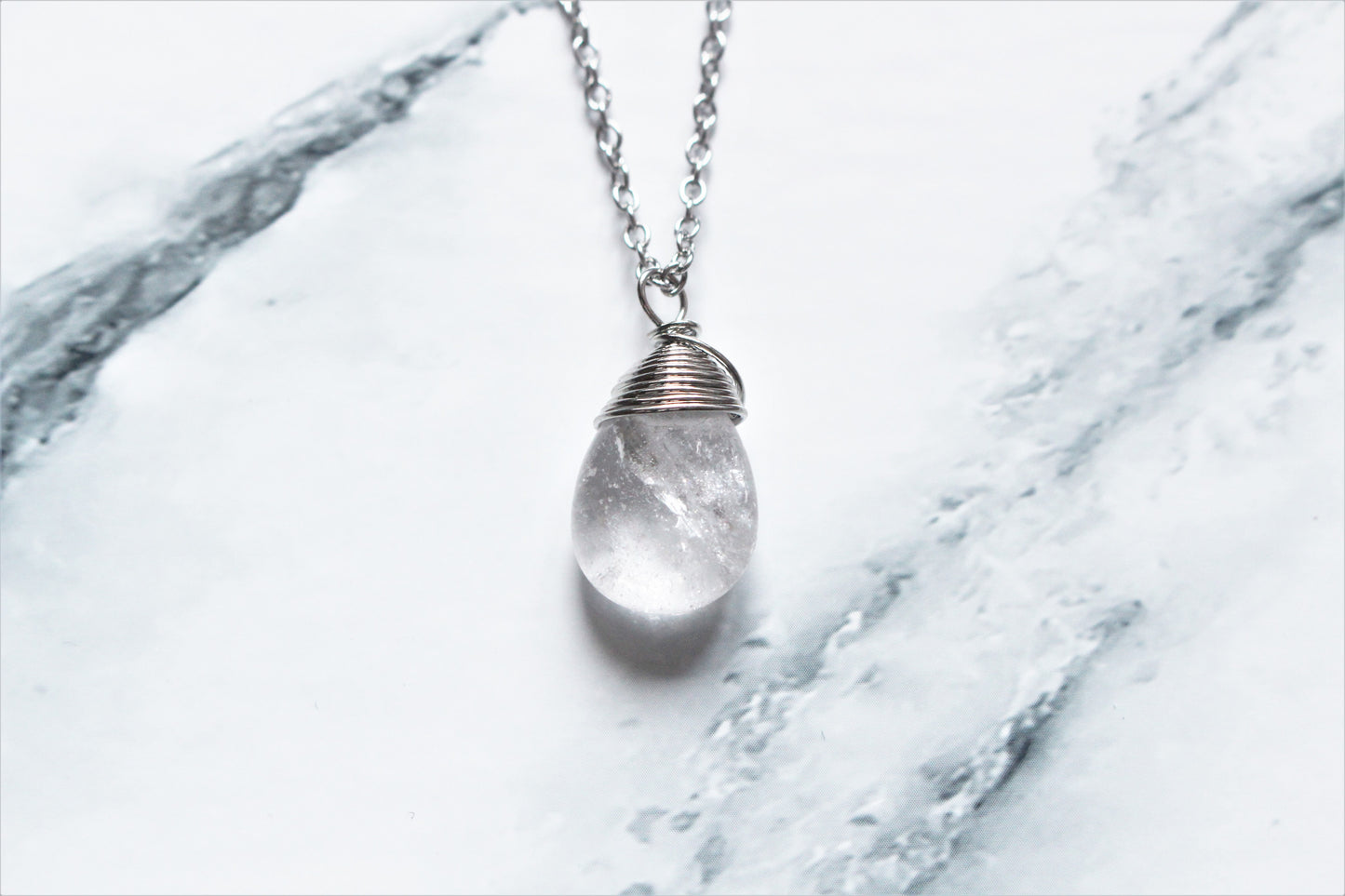 Crystal Teardrop Pendant Silver Wire Wrap Necklace