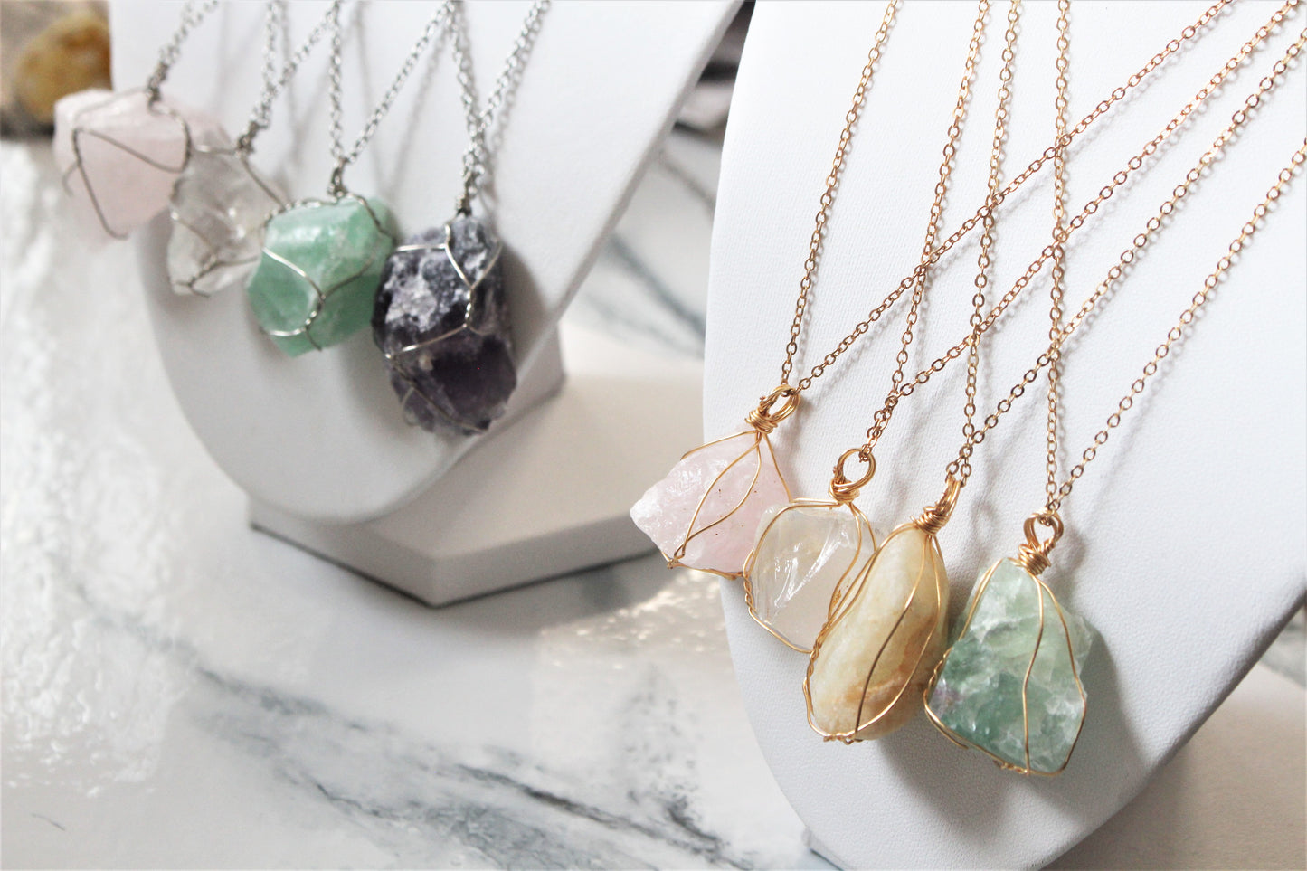 Natural Raw Crystal Rock Necklace Wire Wrapped Gold Jewellery Rose Clear Quartz Green Fluorite Calcite Gift For Her Him Wife Girlfriend UK