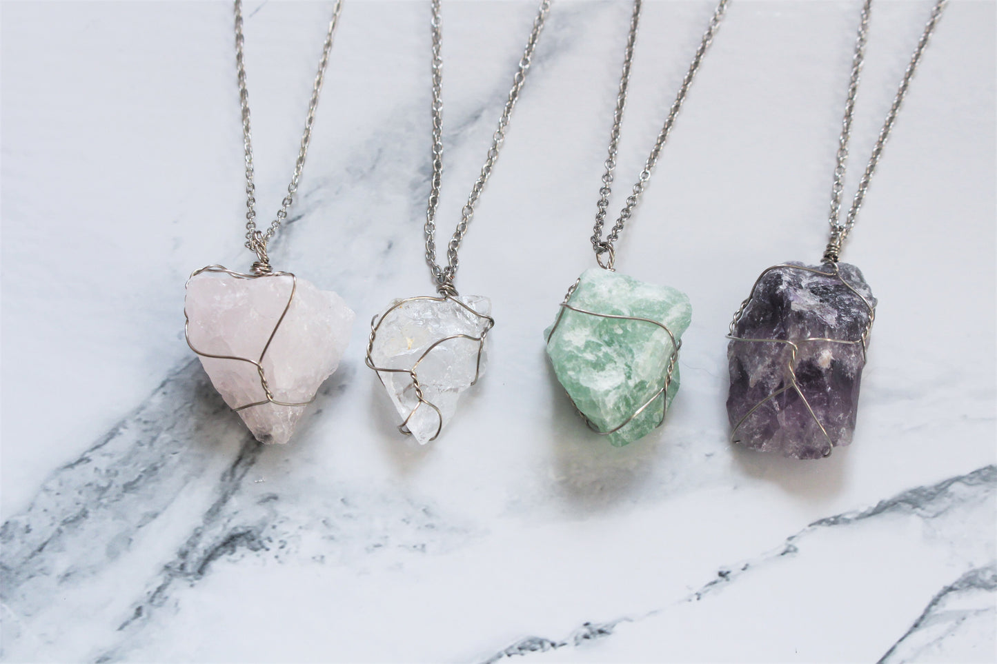 Natural Raw Crystal Rock Necklace Wire Wrapped Silver Jewellery Rose Clear Quartz Green Fluorite Amethyst Gift For Her Him Wife Girlfriend