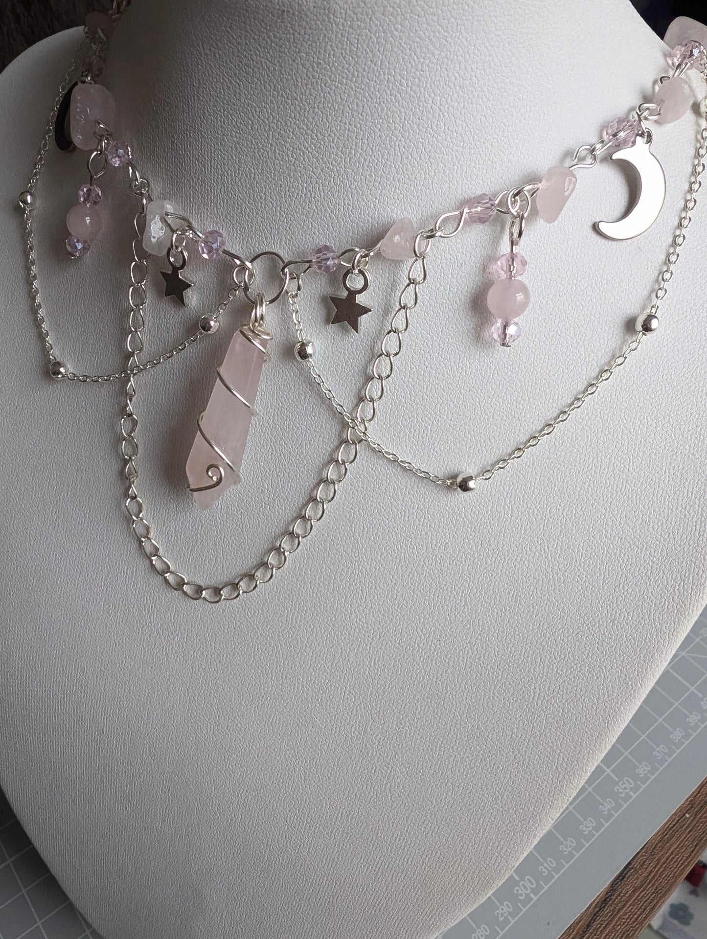 Rose Quartz Layered Celestial Necklace - Silver