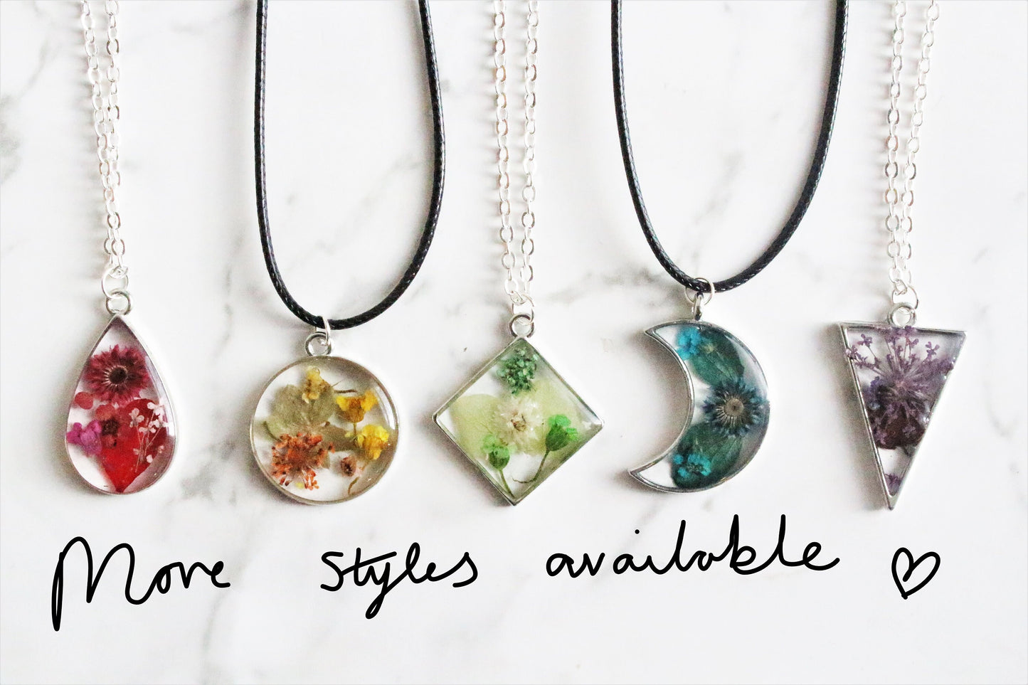 Floral Resin Necklace Dried Flowers Clear Moon Crescent