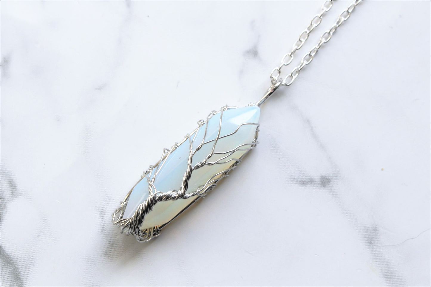 Opal / Rose Quartz Wire Wrap Tree Pendant Necklace