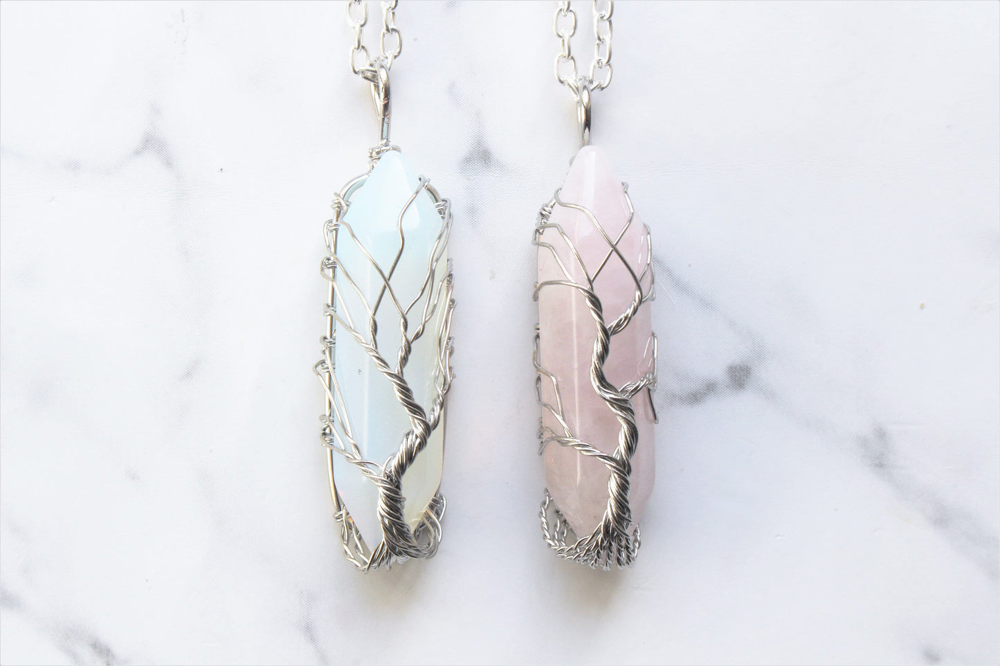 Opal / Rose Quartz Wire Wrap Tree Pendant Necklace