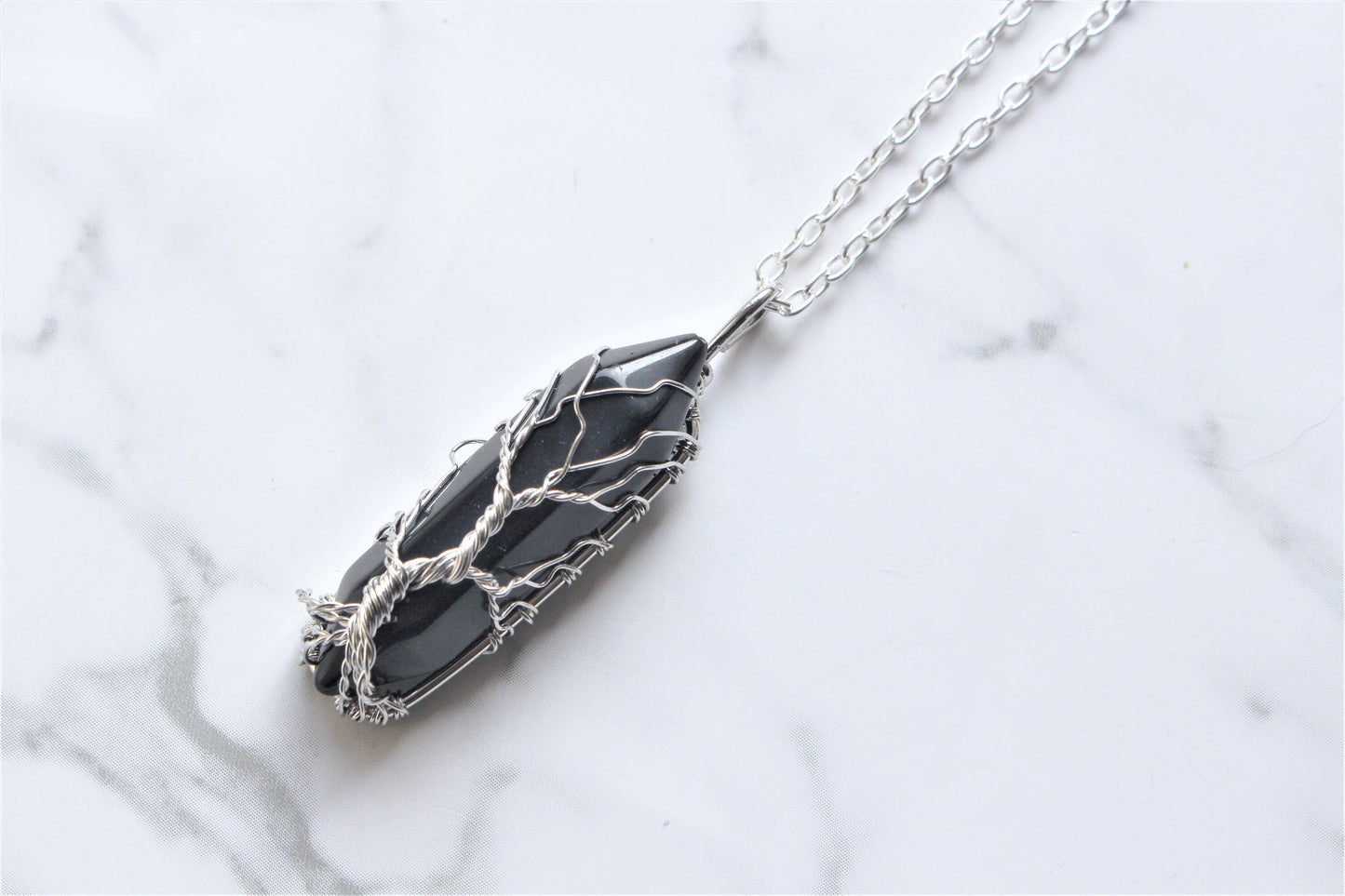 Amethyst / Black Obsidian Wire Wrap Pendant Tree Necklace