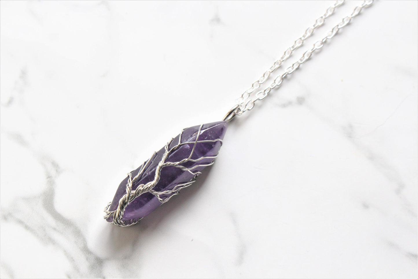Amethyst / Black Obsidian Wire Wrap Pendant Tree Necklace