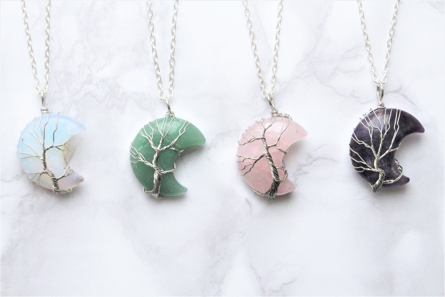 Clear Quartz / Black Obsidian Wire Wrapped Moon Necklace