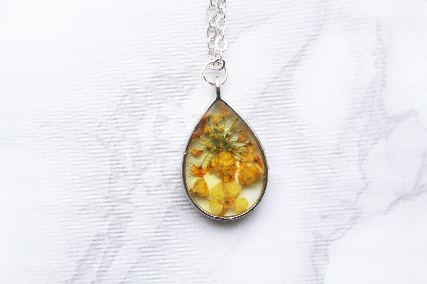 Floral Resin Necklace Dried Flowers Clear Teardrop Oval