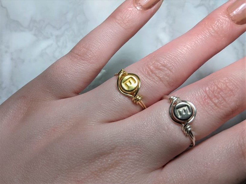 Initial Ring Personalised Jewellery Sterling Silver Gold Plated A-Z Stamped Bead Non Tarnish Wire Wrapped Gift for Her Him Christmas UK