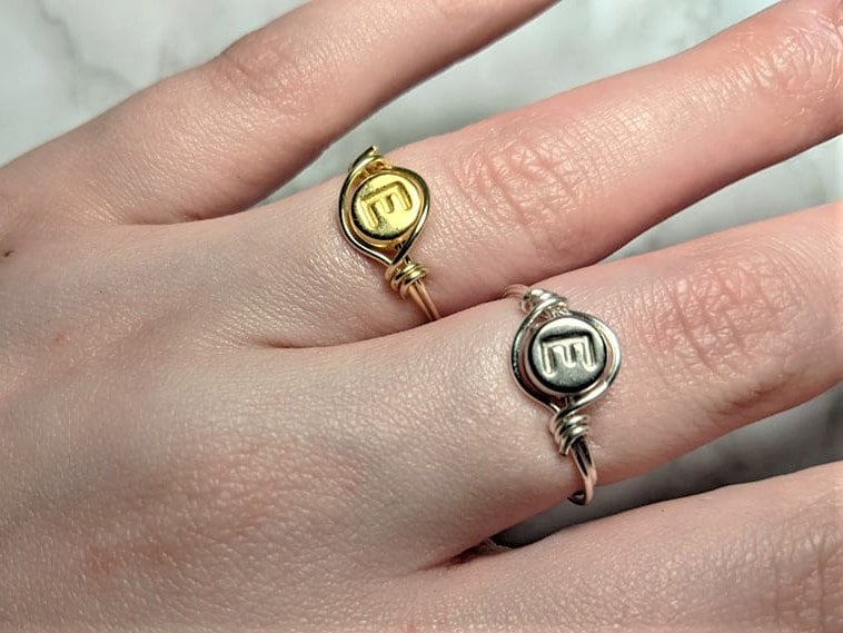 Initial Ring Personalised Jewellery Sterling Silver Gold Plated A-Z Stamped Bead Non Tarnish Wire Wrapped Gift for Her Him Christmas UK