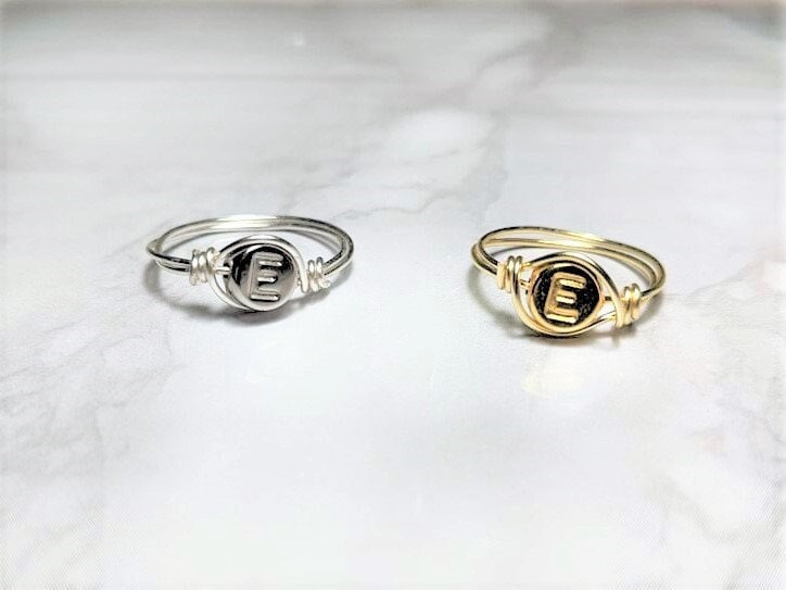 Initial Ring Personalised Jewellery Sterling Silver Gold Plated A-Z Stamped Bead Non Tarnish Wire Wrapped Gift for Her Him Christmas UK