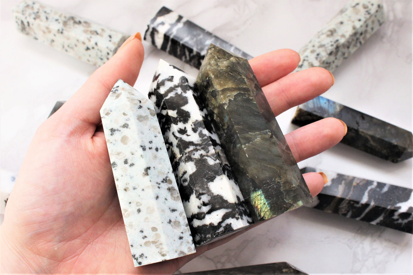 Kiwi / Zebra Jasper / Labradorite Point Towers Obelisk Crystals