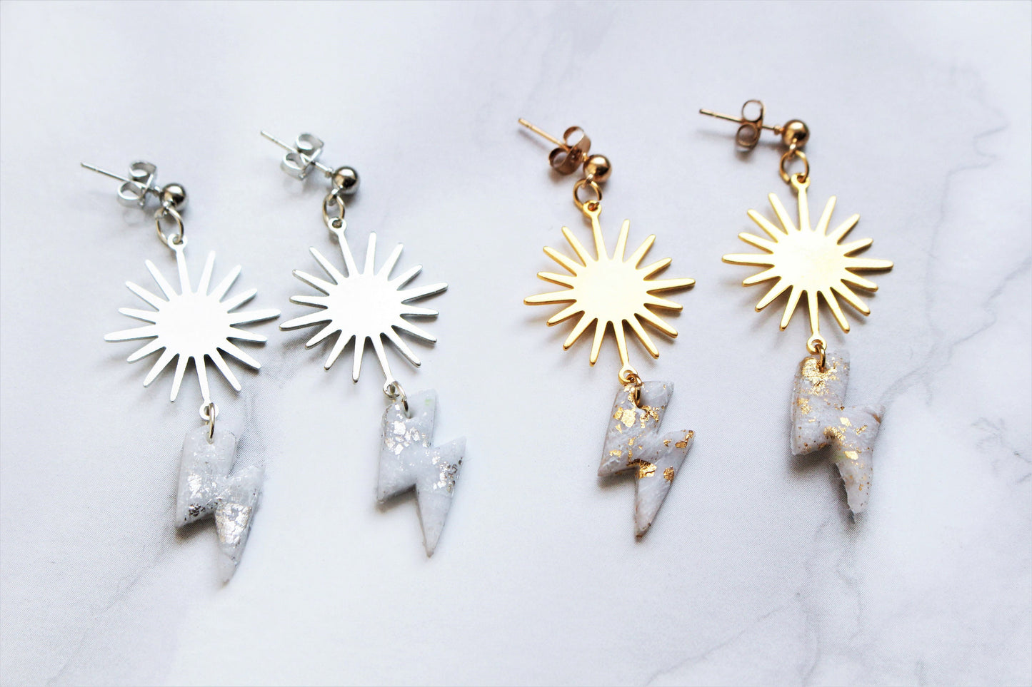 Lightning Bolt Earrings Sterling Silver Sun Charm Polymer Clay White Silver Gold Flake Drop Dangle Jewellery Celestial Gift for Her UK