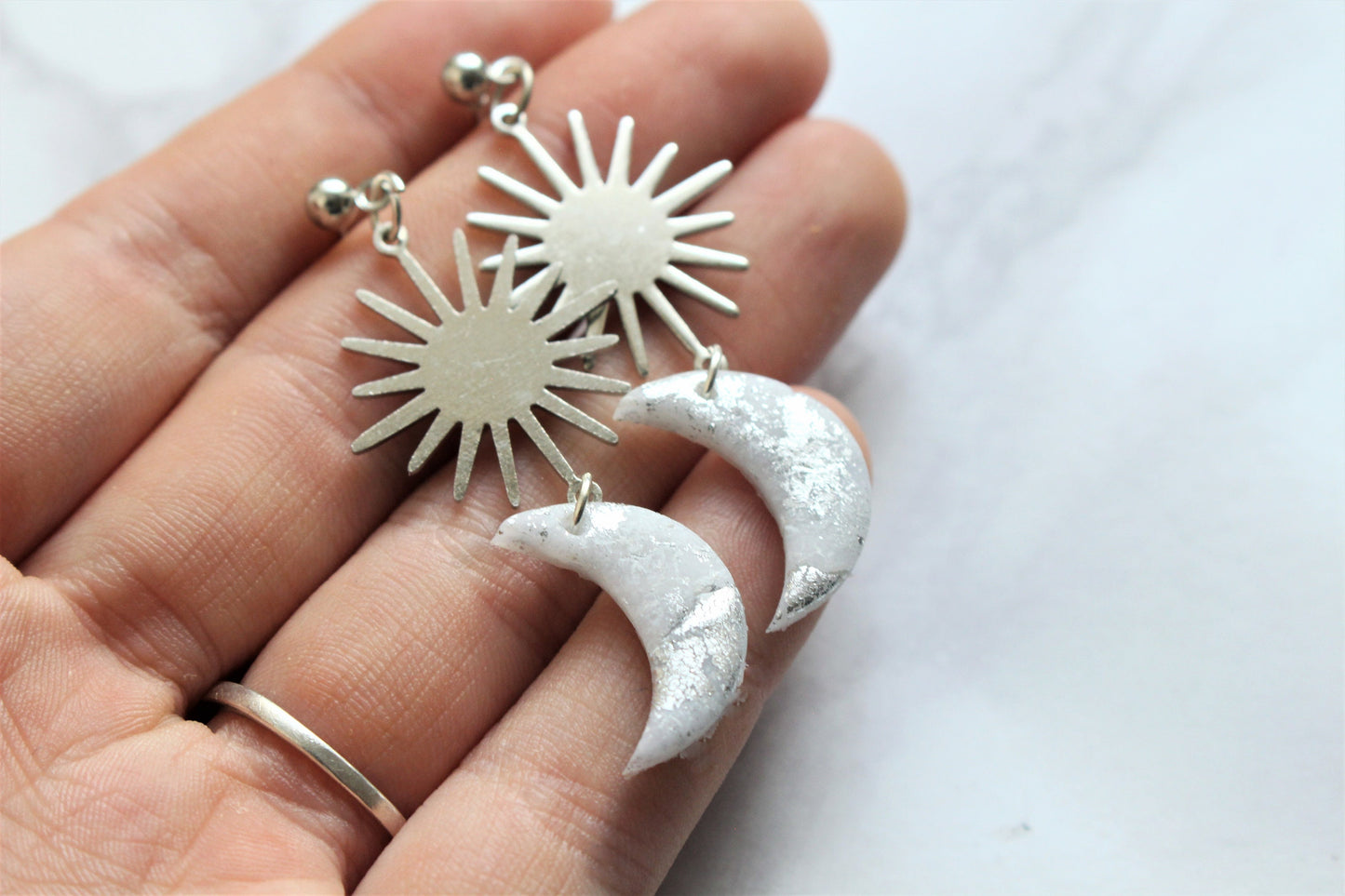 Moon Sun Earrings Sterling Silver Charm Polymer Clay