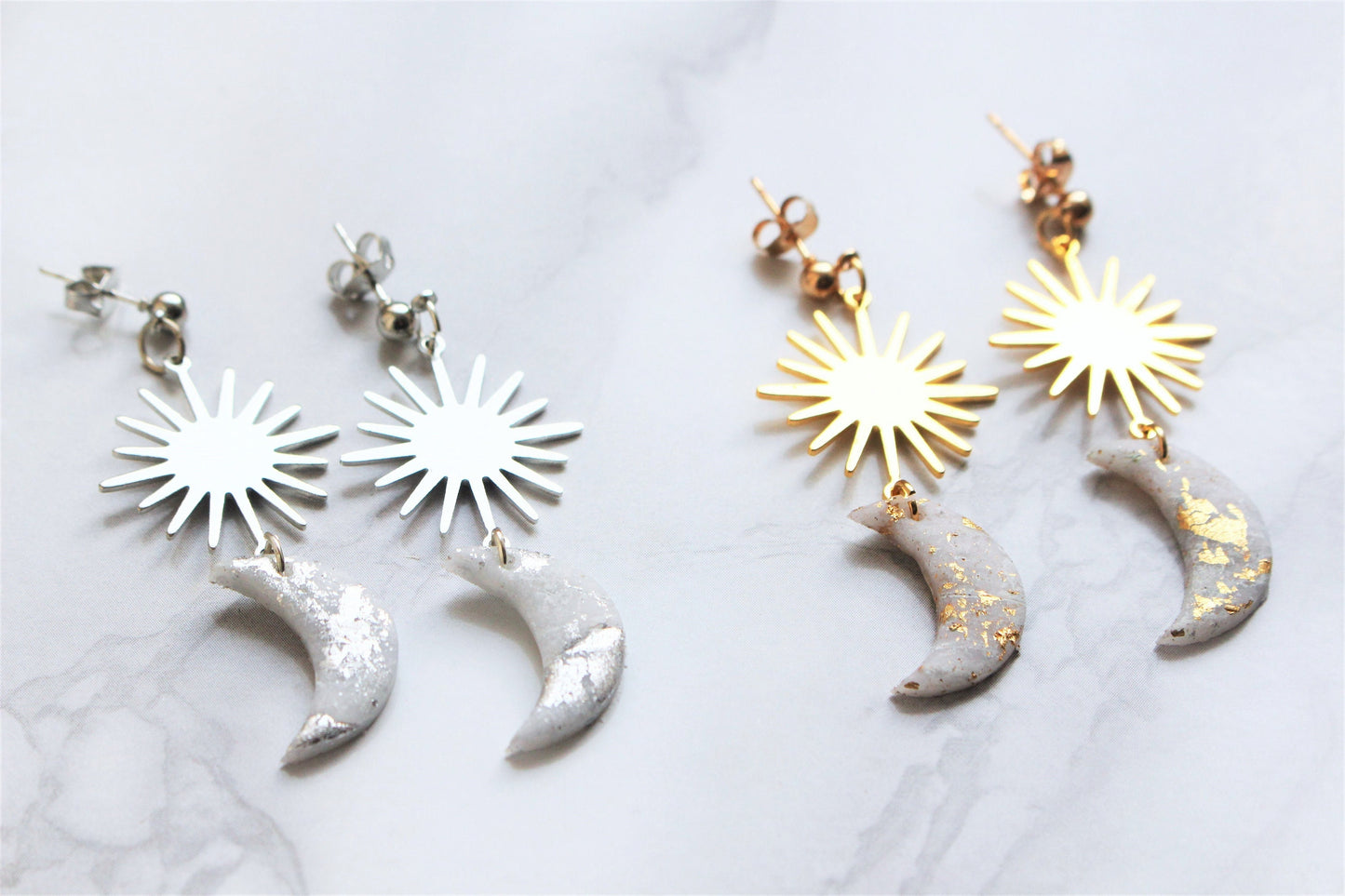 Moon Sun Earrings Sterling Silver Charm Polymer Clay