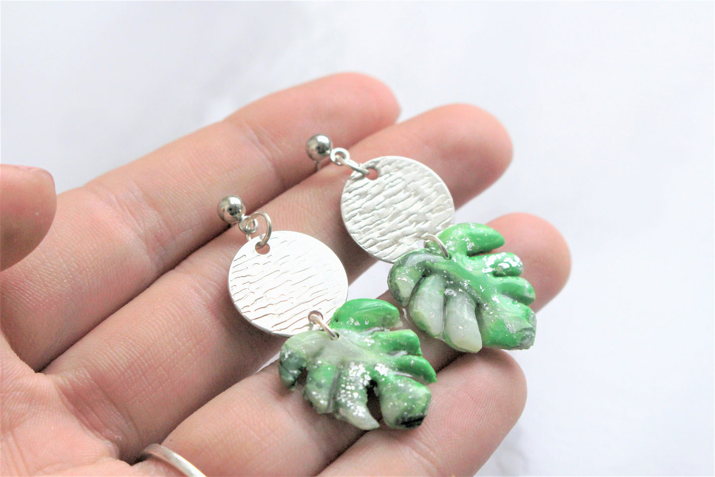 Monstera Leaf Earrings Polymer Clay White Silver Gold Drop