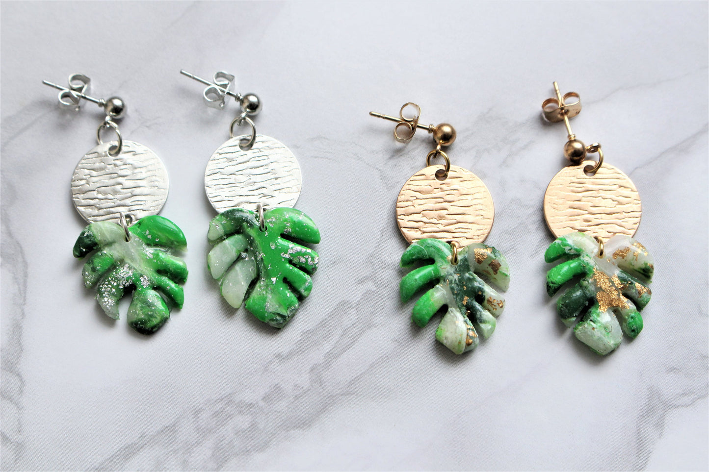 Monstera Leaf Earrings Polymer Clay White Silver Gold Drop