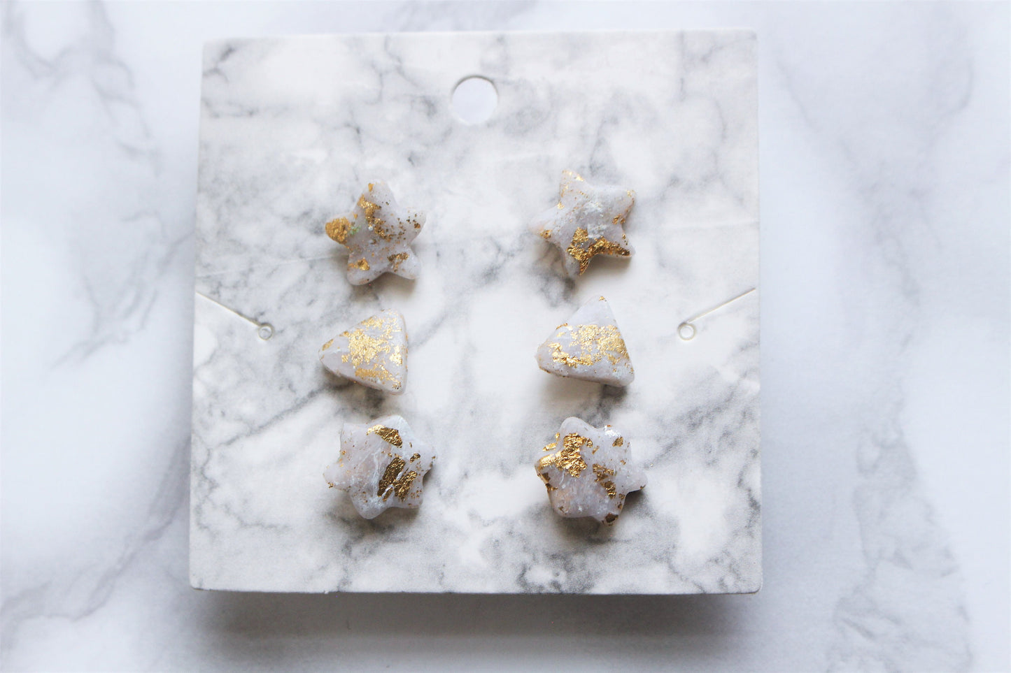 Star Triangle Flower Stud Earrings Sterling Silver Sun Charm Polymer Clay White Silver Gold Flake Jewellery Celestial Gift for Her UK