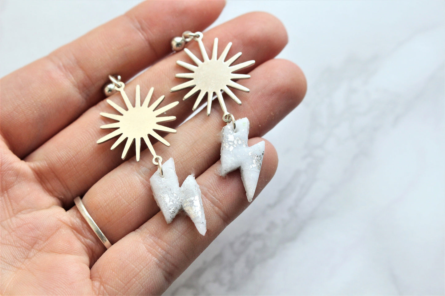Lightning Bolt Earrings Sterling Silver Sun Charm Polymer Clay White Silver Gold Flake Drop Dangle Jewellery Celestial Gift for Her UK