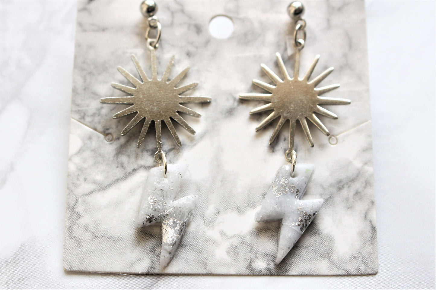 Lightning Bolt Earrings Sterling Silver Sun Charm Polymer Clay White Silver Gold Flake Drop Dangle Jewellery Celestial Gift for Her UK