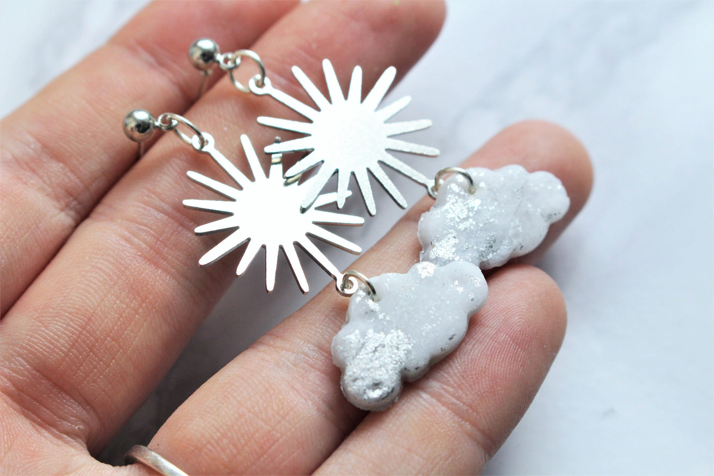 Cloud Sun Earrings Sterling Silver Charm Polymer Clay