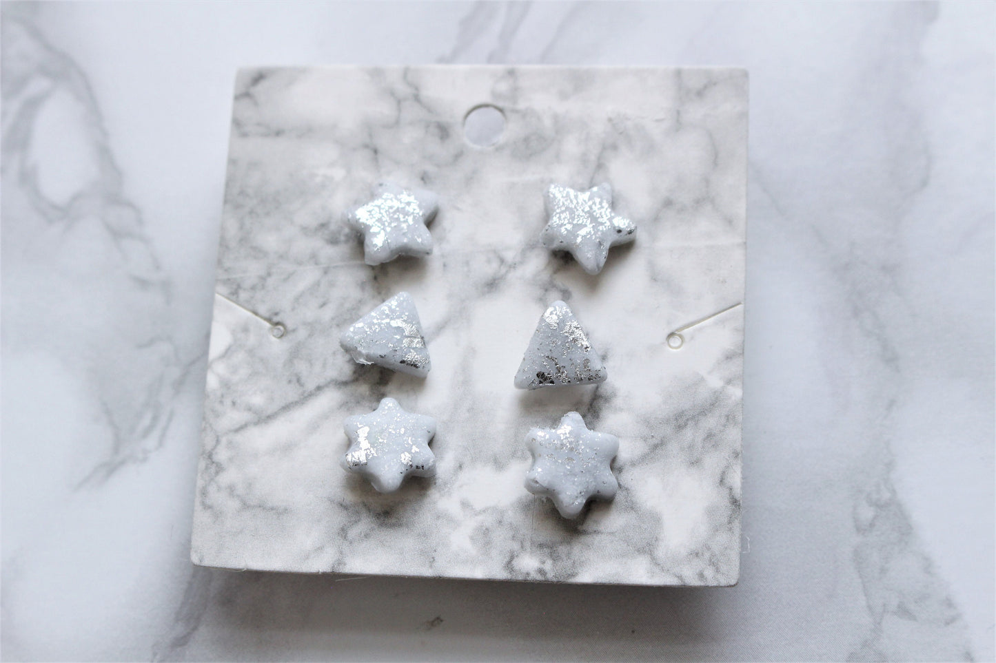 Star Triangle Flower Stud Earrings Sterling Silver Sun Charm Polymer Clay White Silver Gold Flake Jewellery Celestial Gift for Her UK