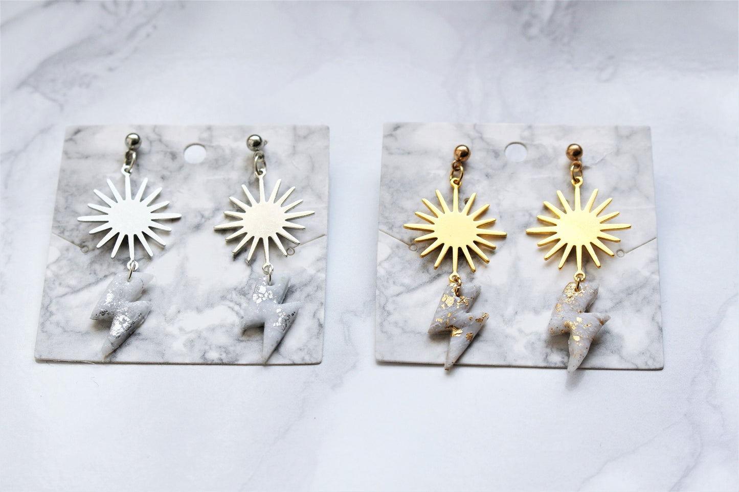 Lightning Bolt Earrings Sterling Silver Sun Charm Polymer Clay White Silver Gold Flake Drop Dangle Jewellery Celestial Gift for Her UK