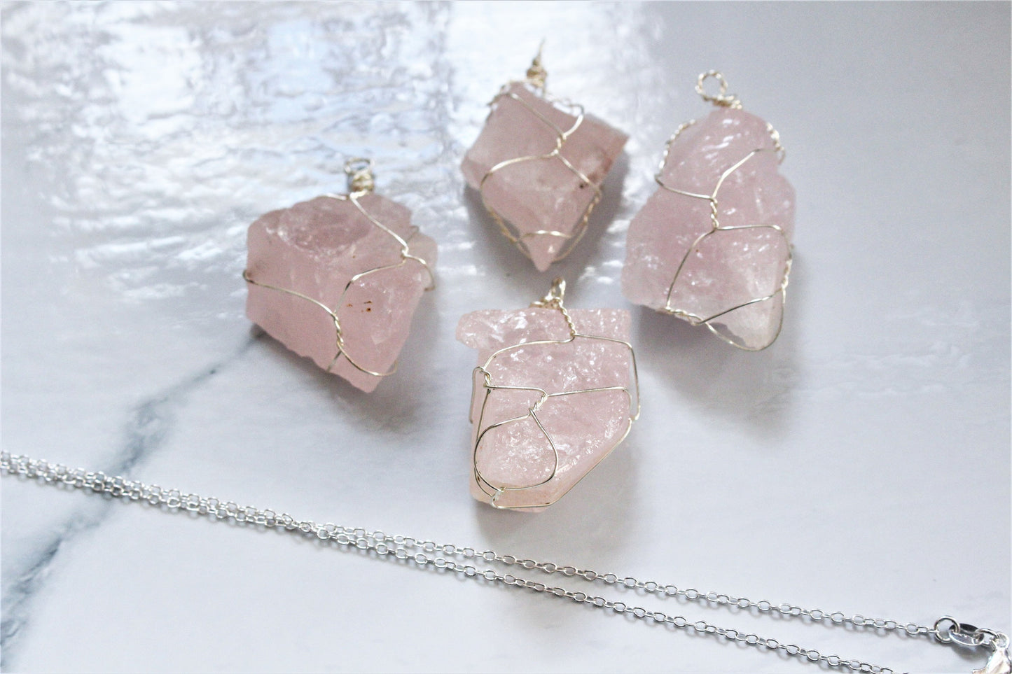 Natural Raw Crystal Rock Necklace Wire Wrapped Silver Jewellery Rose Clear Quartz Green Fluorite Amethyst Gift For Her Him Wife Girlfriend