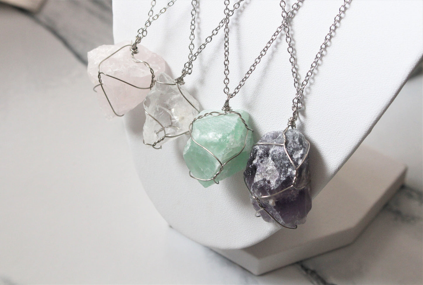 Natural Raw Crystal Rock Necklace Wire Wrapped Silver Jewellery Rose Clear Quartz Green Fluorite Amethyst Gift For Her Him Wife Girlfriend