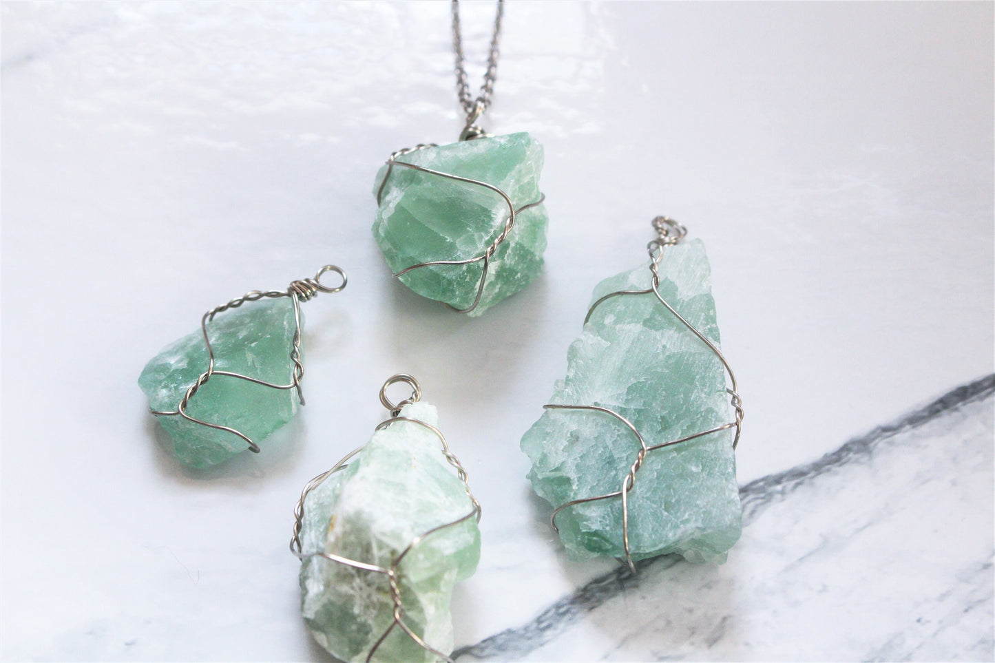 Natural Raw Crystal Rock Necklace Wire Wrapped Silver Jewellery Rose Clear Quartz Green Fluorite Amethyst Gift For Her Him Wife Girlfriend