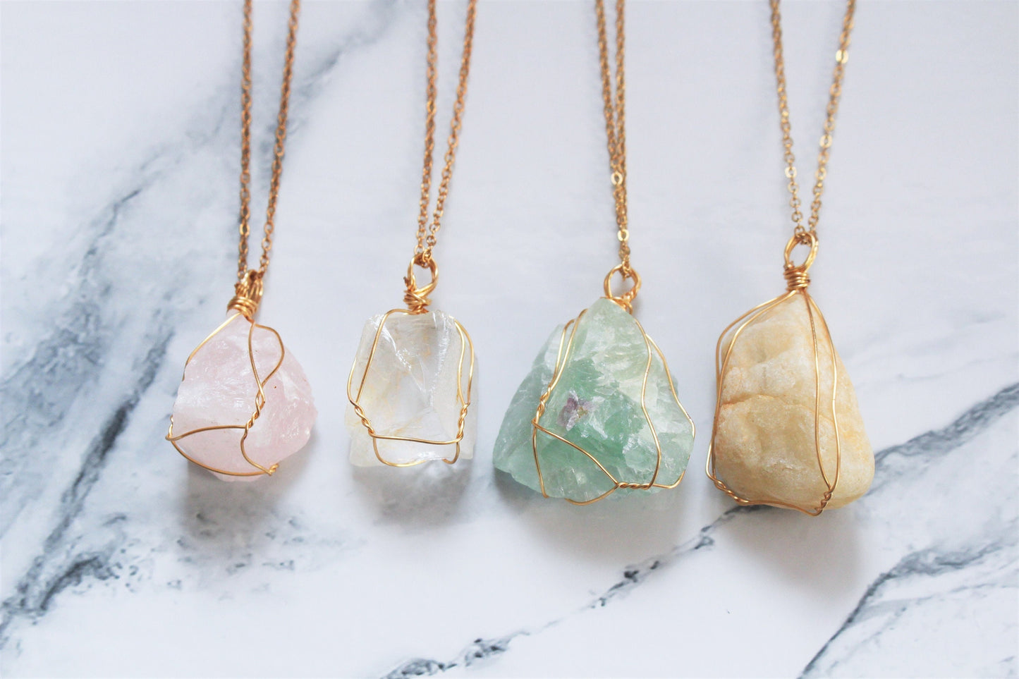 Natural Raw Crystal Rock Necklace Wire Wrapped Gold Jewellery Rose Clear Quartz Green Fluorite Calcite Gift For Her Him Wife Girlfriend UK