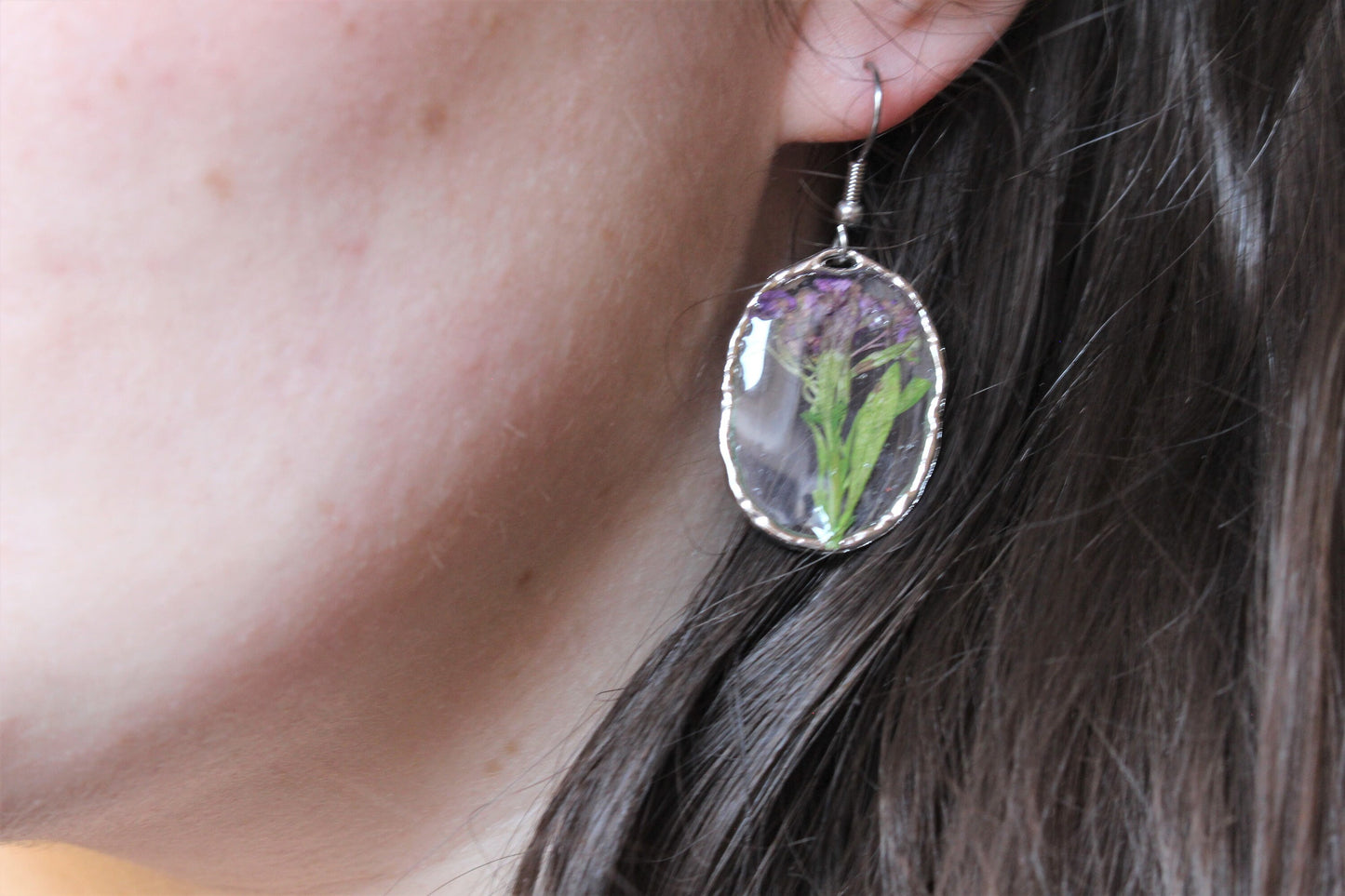 Dried Flower Earrings Pressed Resin Clear Sterling Silver Gold