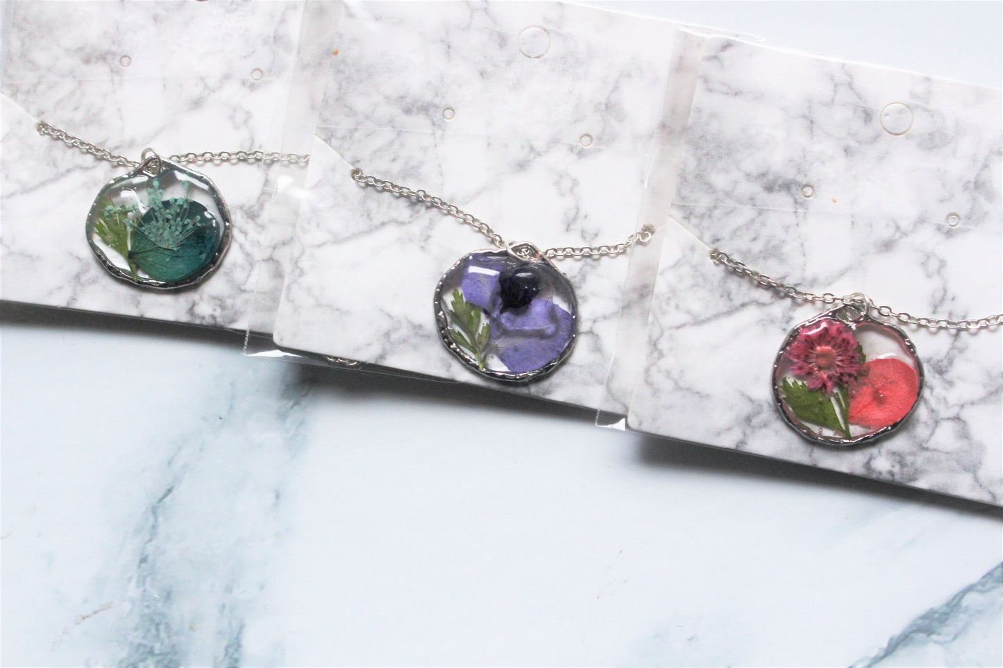 Dried Flower Necklace Pressed Resin Clear Sterling Silver