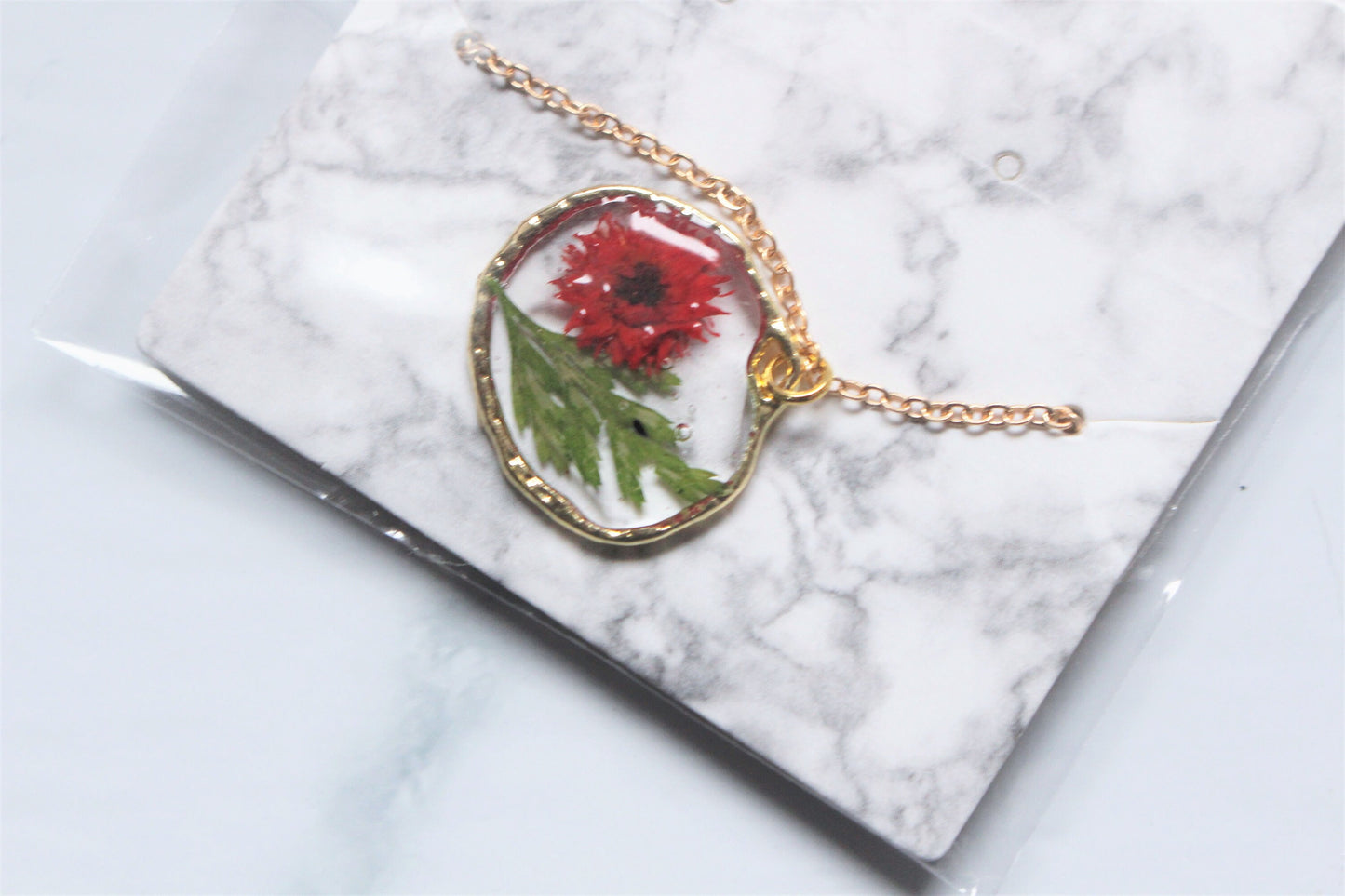 Dried Flower Necklace Pressed Resin Clear 18K Gold