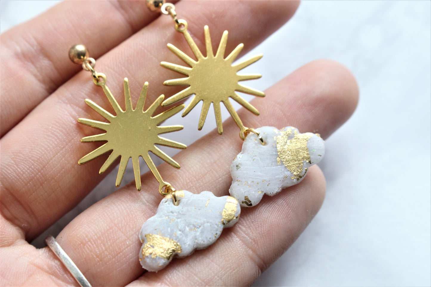 Gold Sun Cloud Charm Earrings