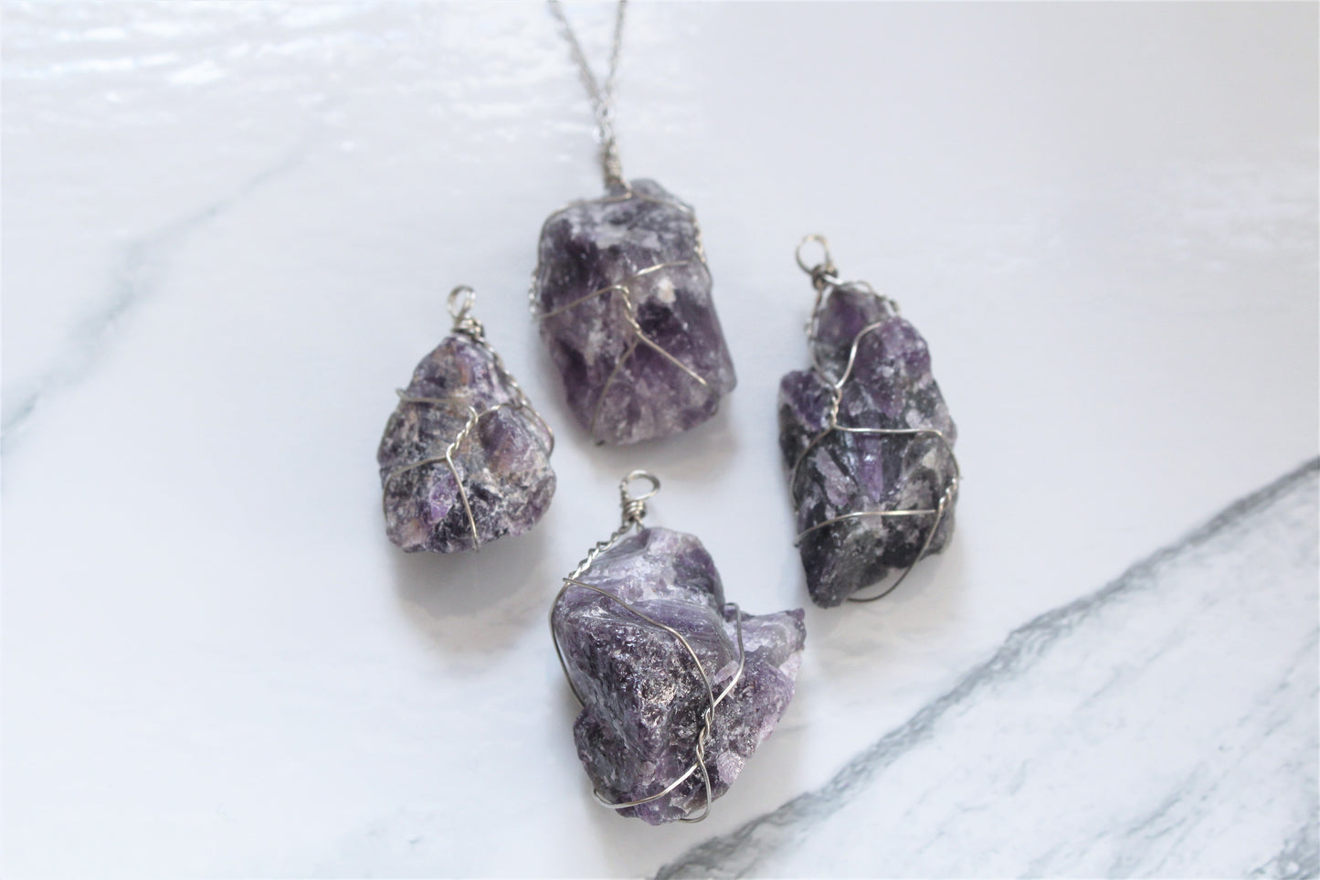 Natural Raw Crystal Rock Necklace Wire Wrapped Silver Jewellery Rose Clear Quartz Green Fluorite Amethyst Gift For Her Him Wife Girlfriend