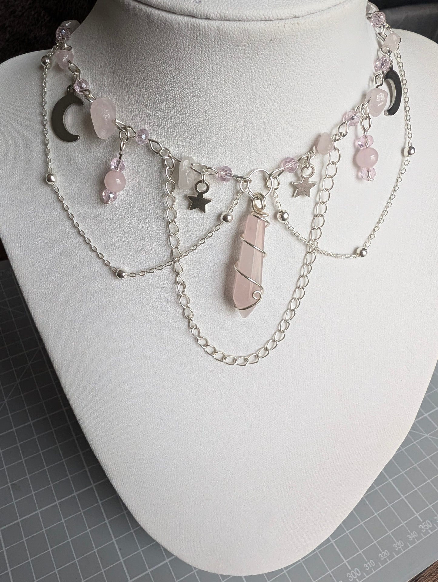 Rose Quartz Layered Celestial Necklace - Silver