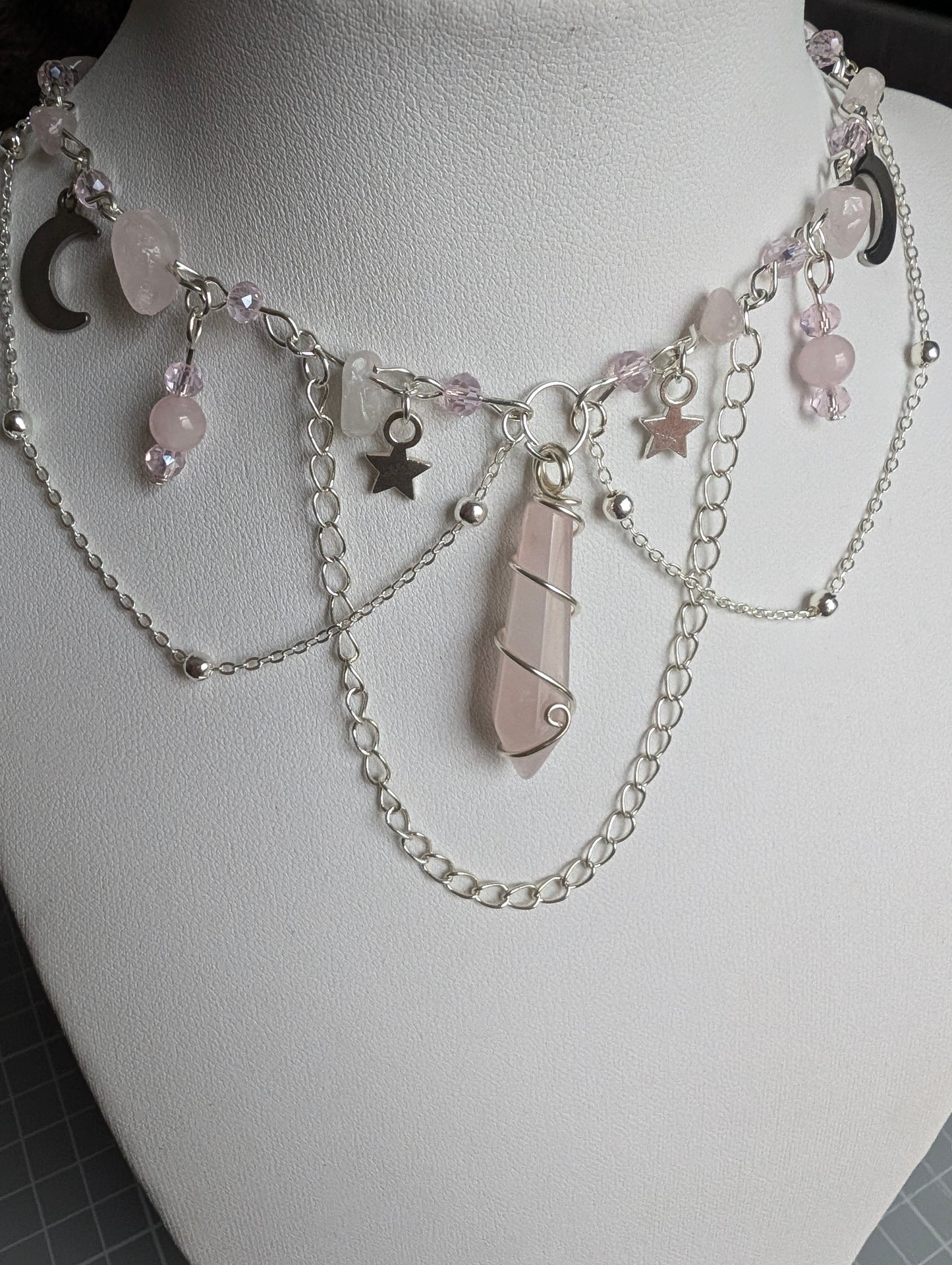 Rose Quartz Layered Celestial Necklace - Silver