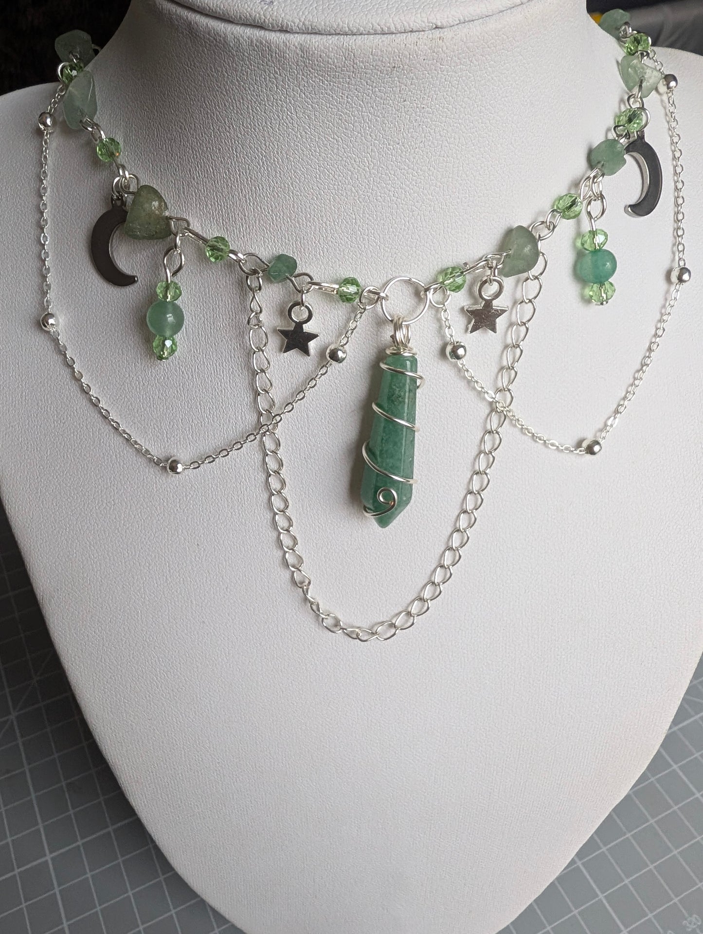 Green Aventurine Layered Celestial Necklace - Silver