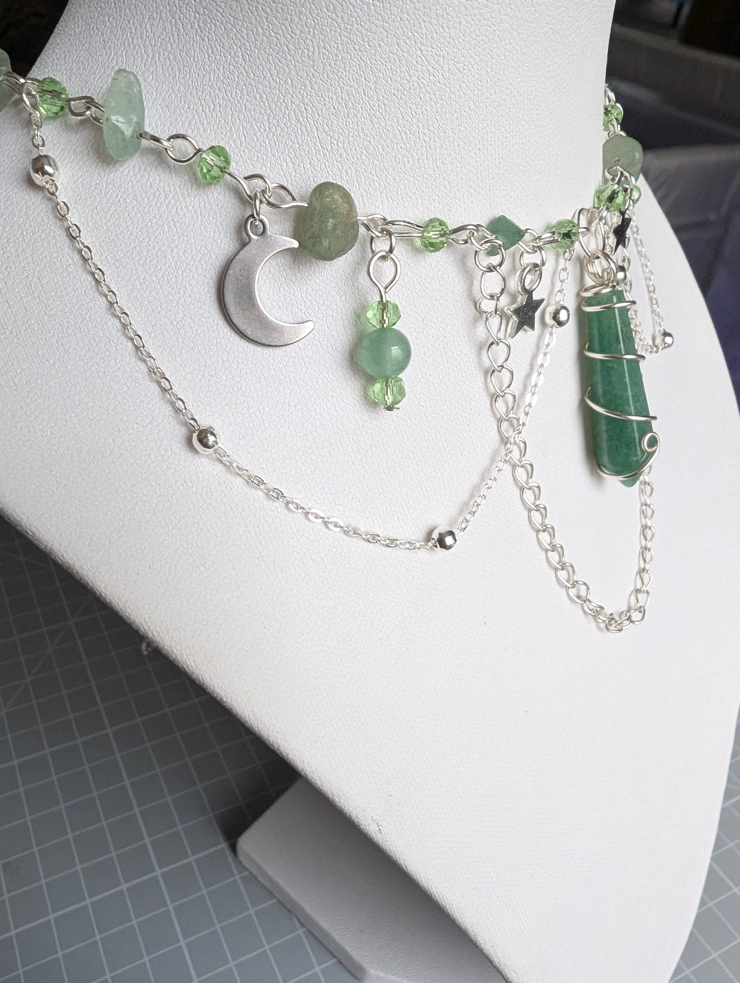 Green Aventurine Layered Celestial Necklace - Silver