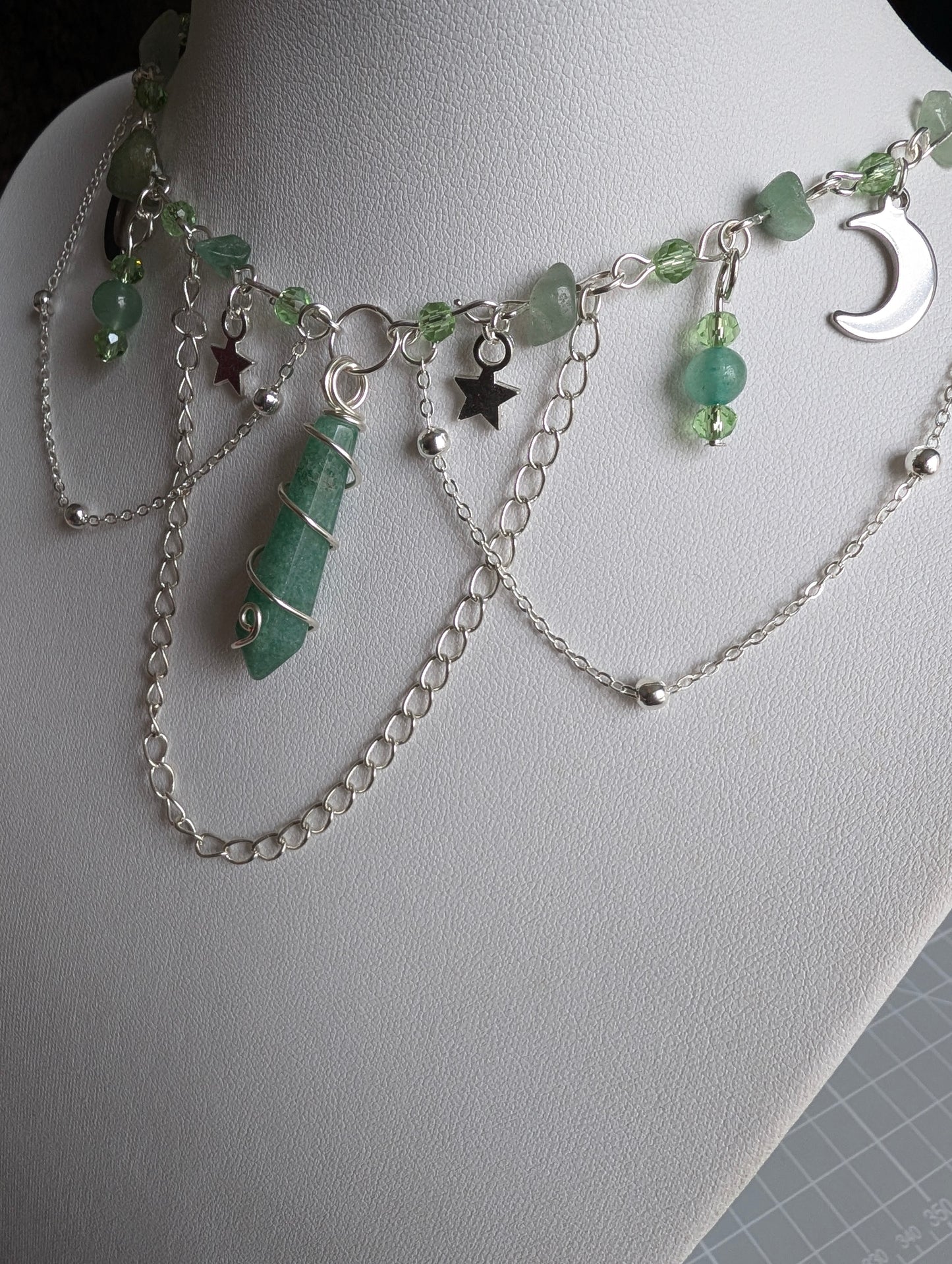Green Aventurine Layered Celestial Necklace - Silver