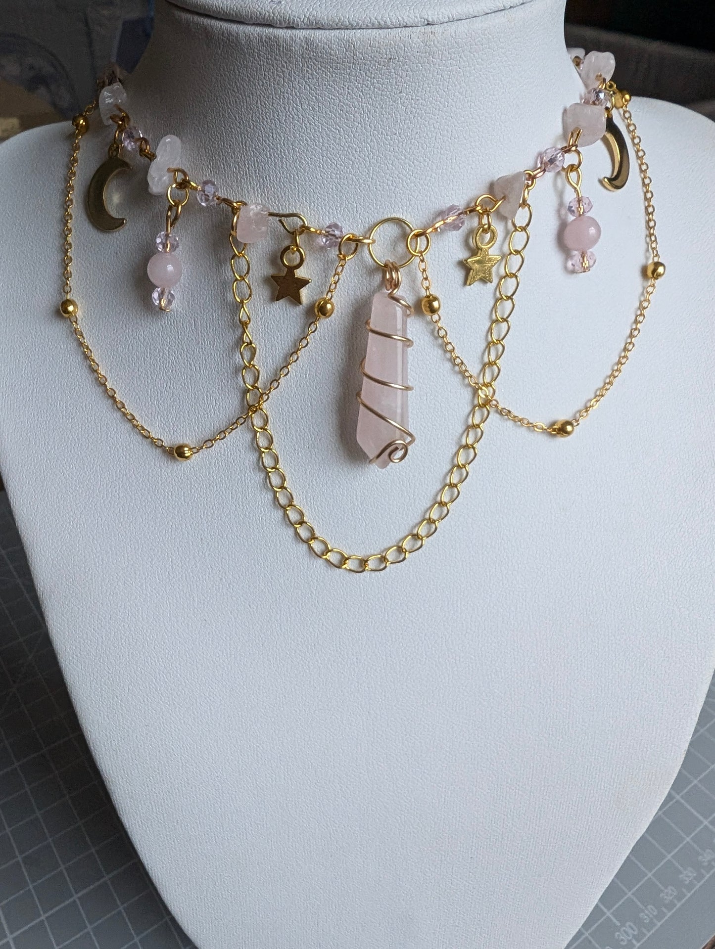 Rose Quartz Layered Celestial Necklace - Gold