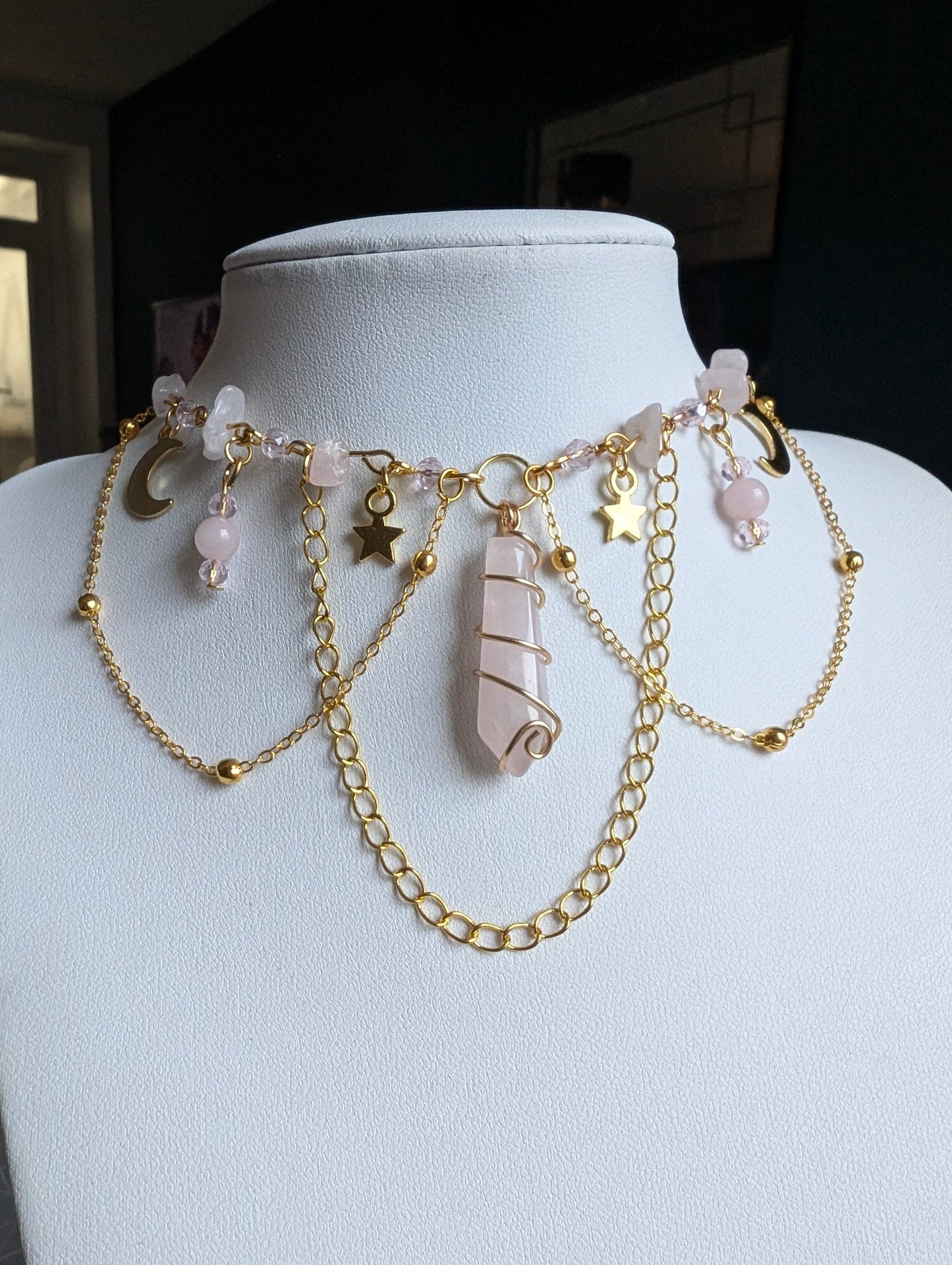 Rose Quartz Layered Celestial Necklace - Gold