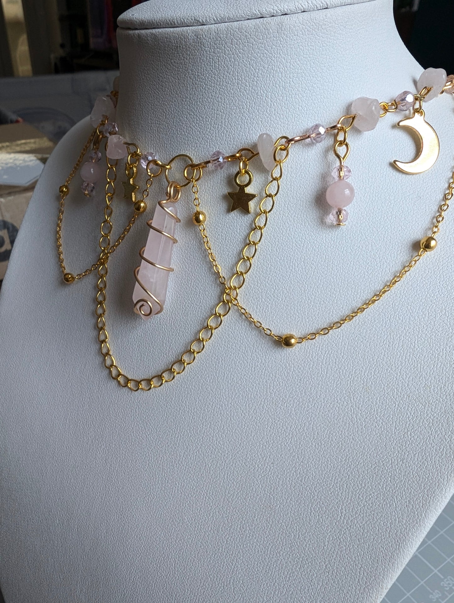 Rose Quartz Layered Celestial Necklace - Gold