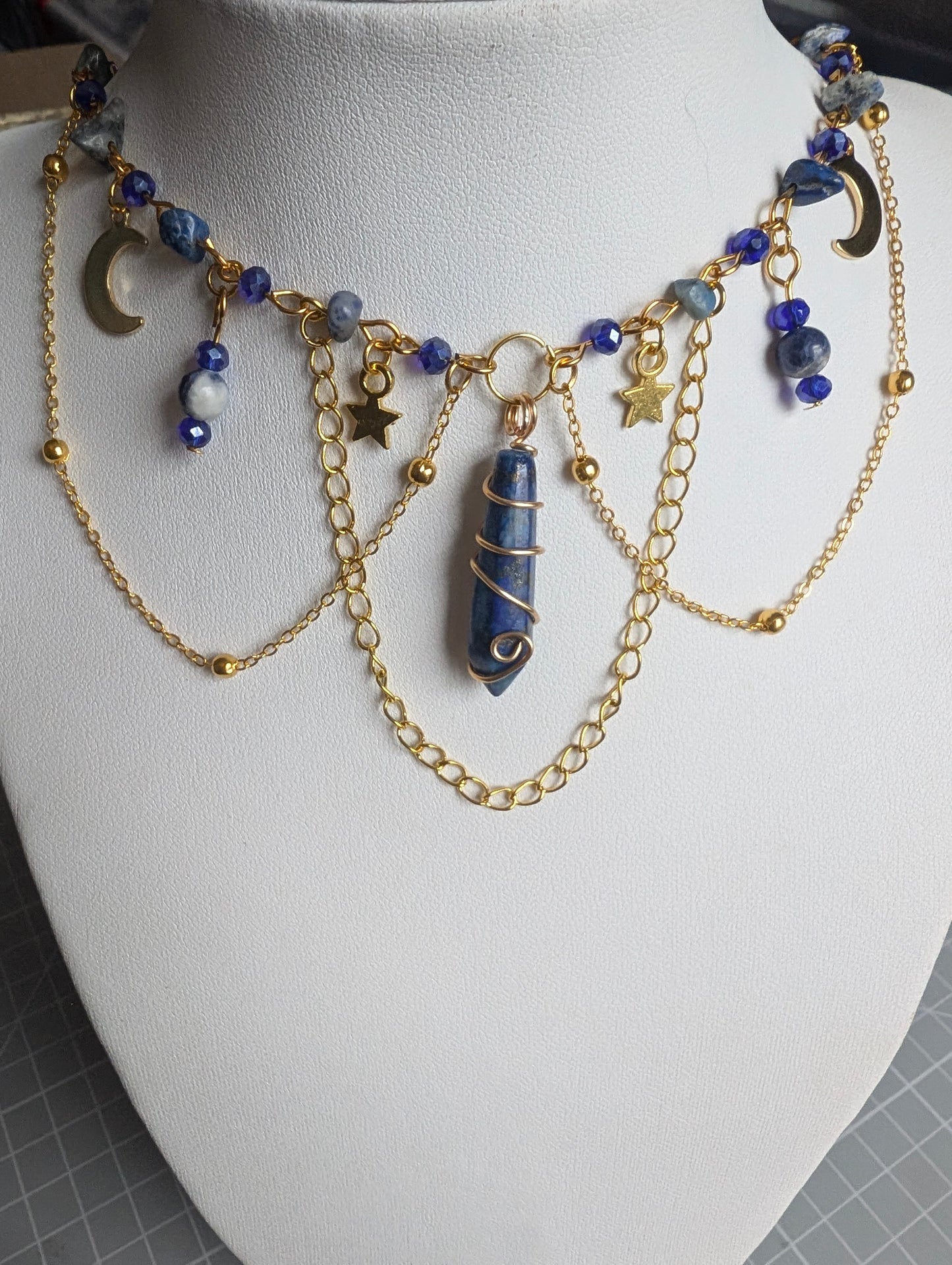 Sodalite Layered Celestial Necklace - Gold