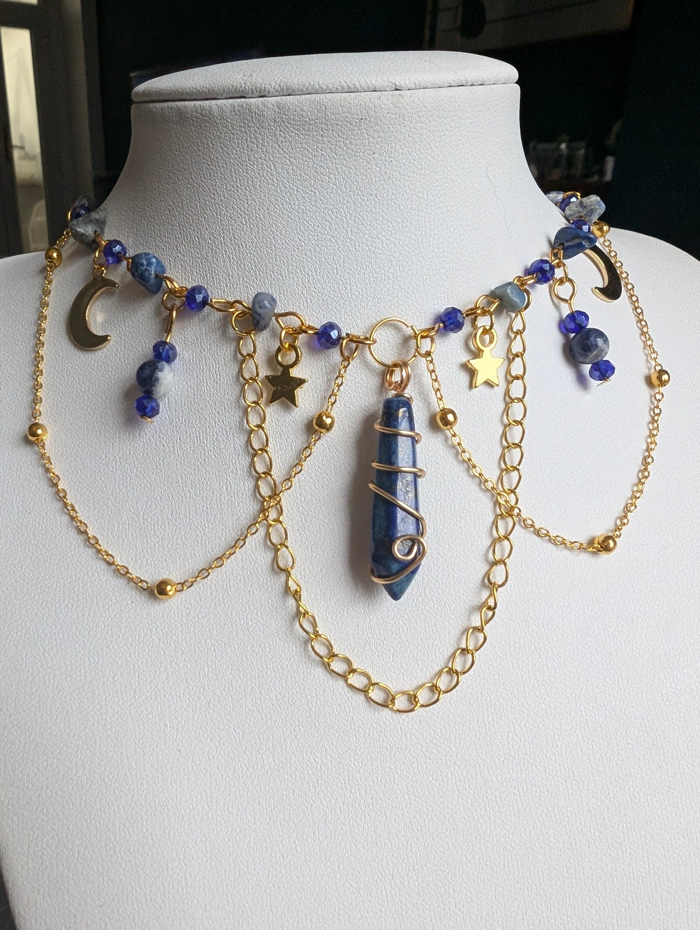 Sodalite Layered Celestial Necklace - Gold