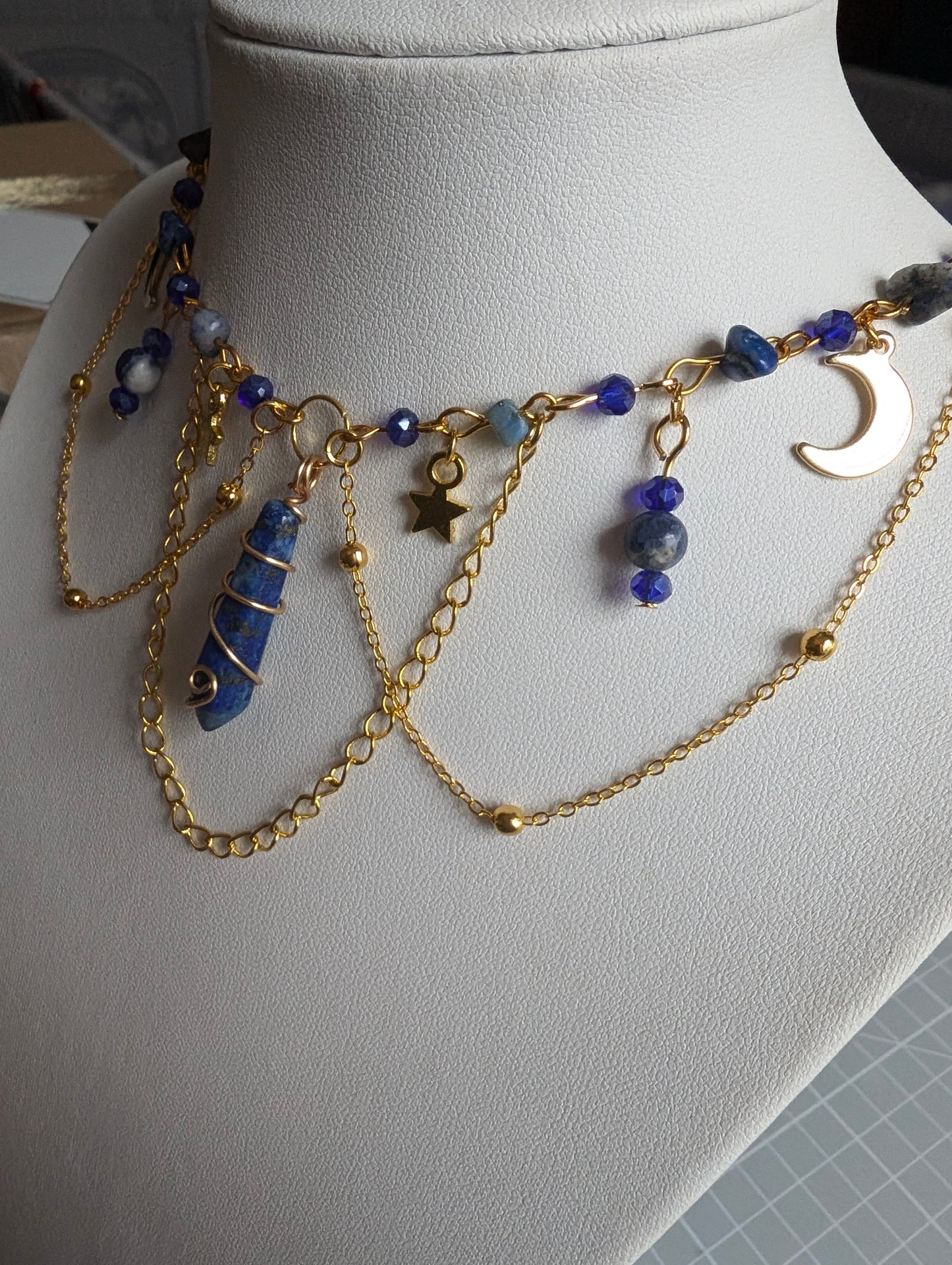 Sodalite Layered Celestial Necklace - Gold