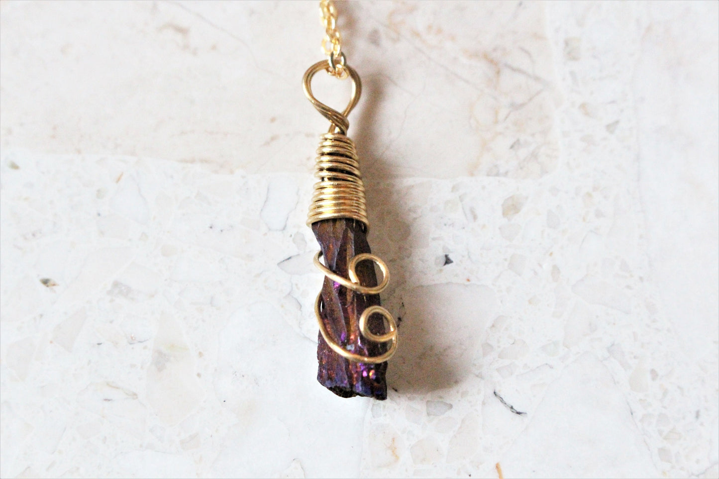 Peacock Ore Gold Wire Wrapped Necklace