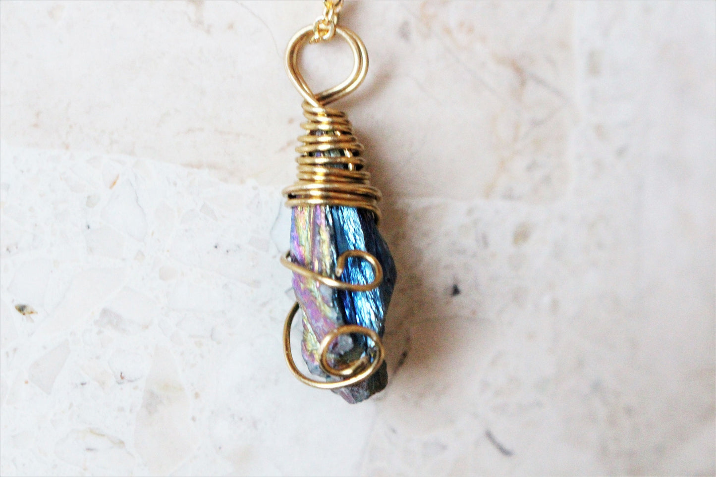 Peacock Ore Gold Wire Wrapped Necklace