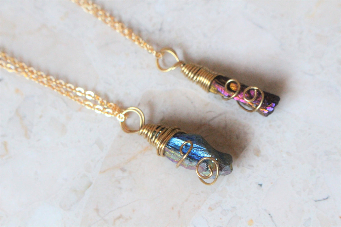 Peacock Ore Gold Wire Wrapped Necklace