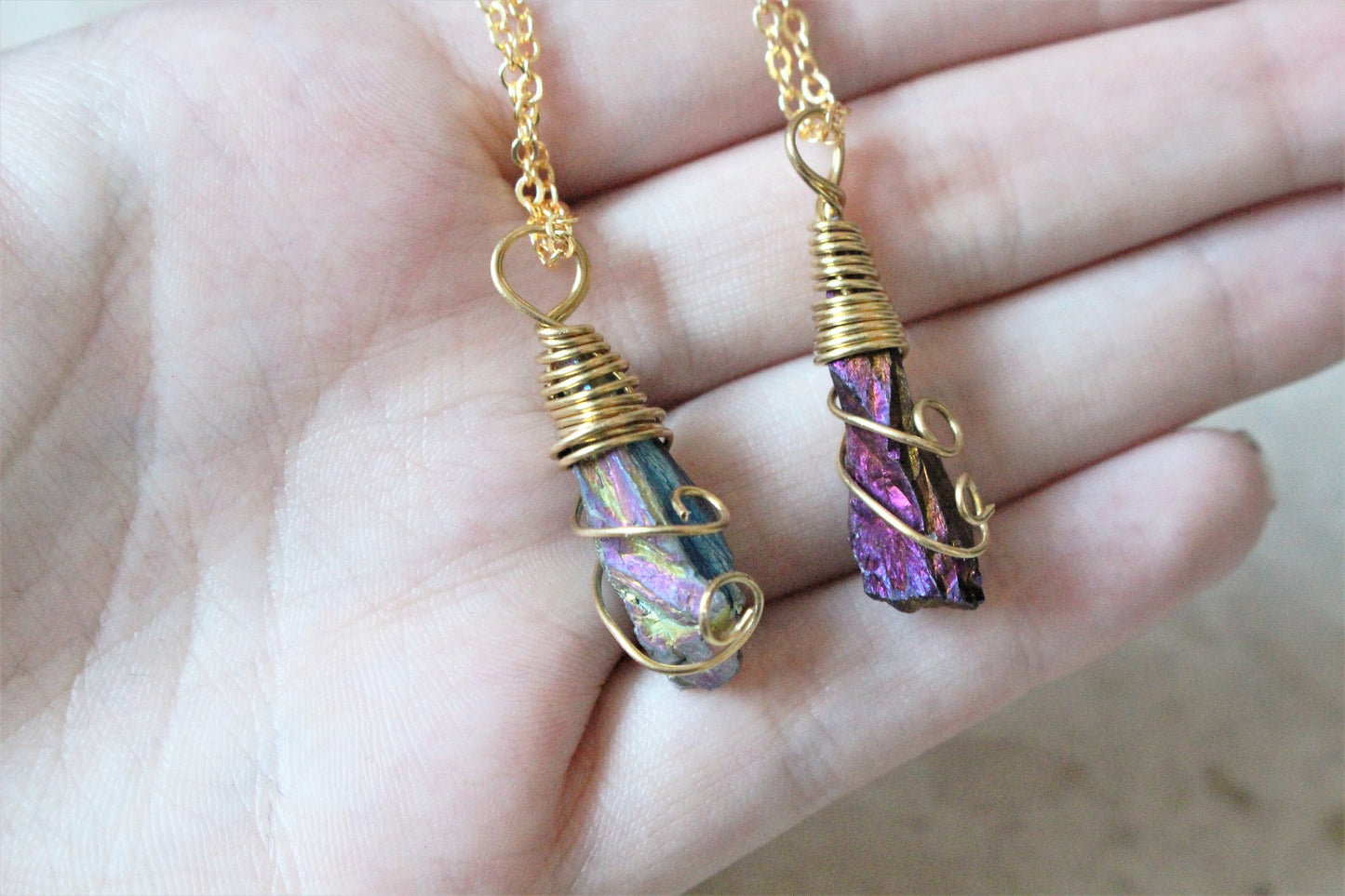 Peacock Ore Gold Wire Wrapped Necklace